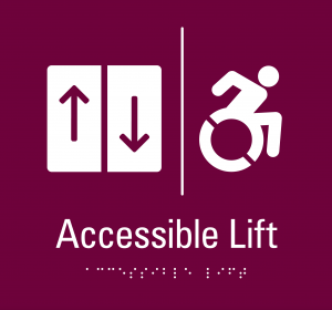 Accessible Lifts sign with access forward logo on the right of the image and arrows indicating up and down on the left of the image. There is braille present below the label "accessible lift" at the bottom of the sign.